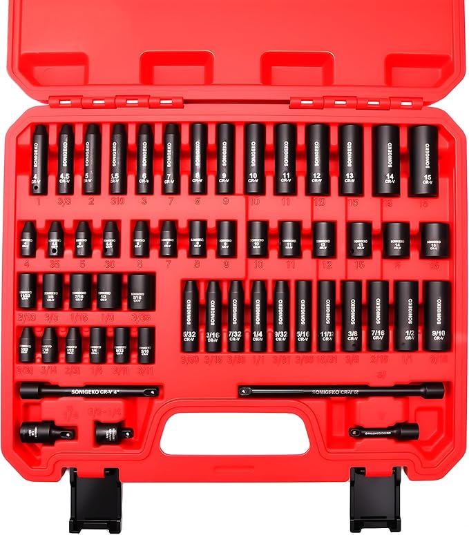 55-Piece 1/4" Drive Impact Socket Set Metric/SAE(5/32"-9/16", 4-15mm) | 6-Point CR-V steel deep & standard .Includes 2",4",6" Extension Bars, Universal Joint & Adapter,Ratchet Handle