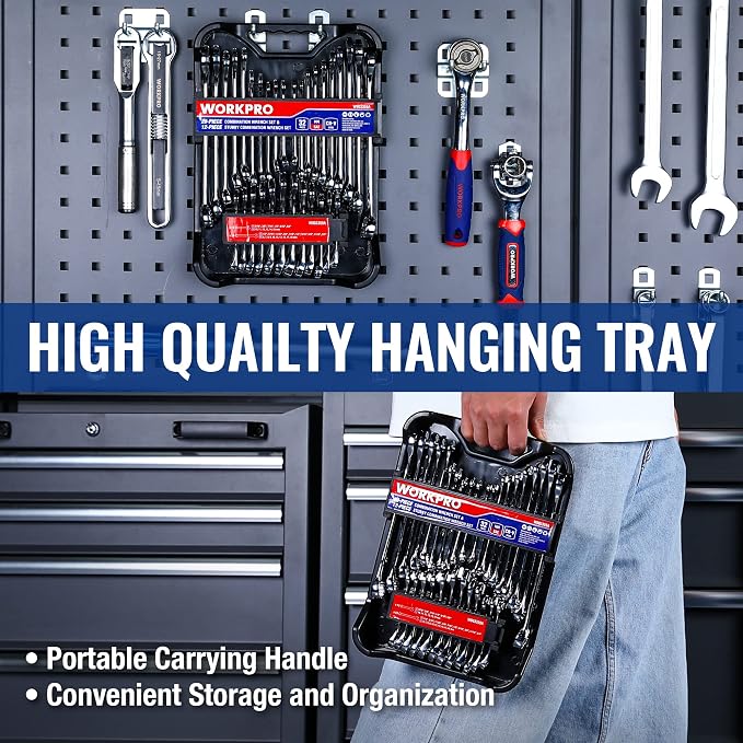 WORKPRO 32-Piece SAE & Metric Combination Wrenches Set, 20-Piece Standard wrenches and 12-Piece Stubby Wrenches with Organizer Tray, Cr-V Steel Mirror Chrome Polished