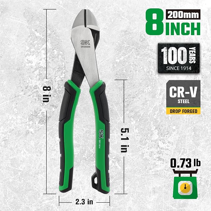 SK 8-Inch Diagonal Pliers, Heavy Duty Side Cutters, High Carbon Steel, Ergonomic Anti-slip Handle for Comfortable Grip