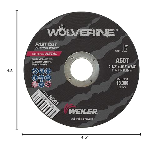 Weiler 56281 4-1/2 Inch Cutting Wheel, Wolverine AO Steel/Metal Fast Cutting, .045" A60T Type 1 7/8" Arbor, Pack of 25