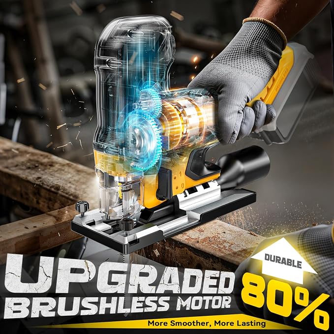 Ecarke Cordless Jig Saw Compatible With Dewalt 20V, Brushless Motor 3800RPM, 7 Speeds Dial Control, Free-Tool ±45° Bevel Cuts, 4 Orbital Action, Dust Blows and 6 Blades For Cutting, Tool Only
