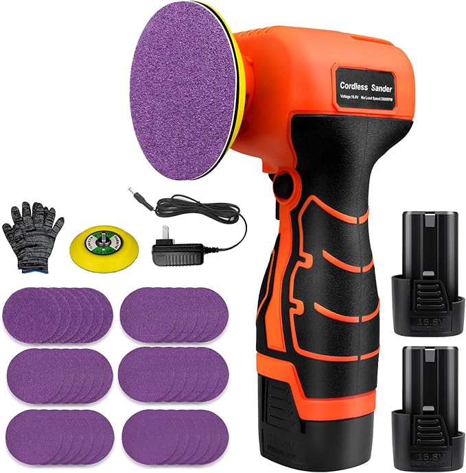 16.8V Cordless Electric Sander with 36PCS Sandpapers, 3500 RPM, 2Pcs 3.0Ah Batteries, Lightweight & Compact Design for Wood, Metal, Paint Removal, and DIY Projects