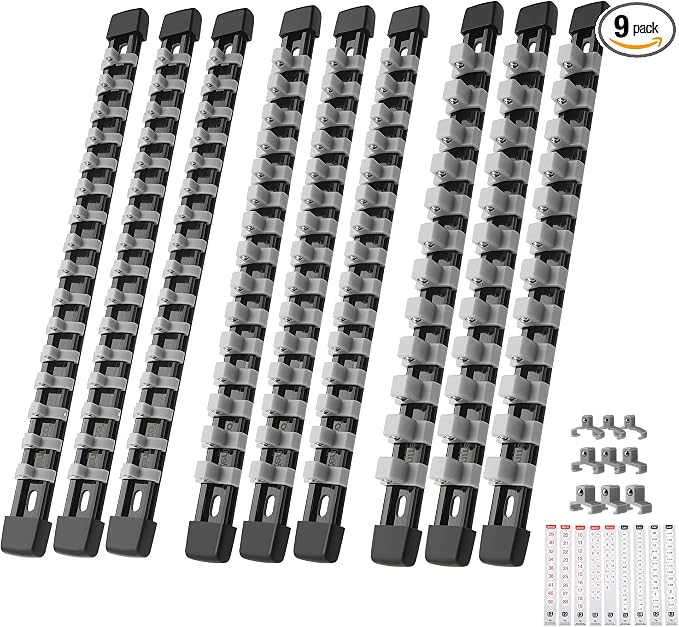 Reniteco 9-Pack Socket Organizer Set, 1/4" x 48 3/8" x 45 1/2" x 36 Clips | 129 Clip Capacity, Havy-Duty ABS Socket Rails, Removable Clips, Drive Socket Storage, Toolbox Drawer or Wall Mount