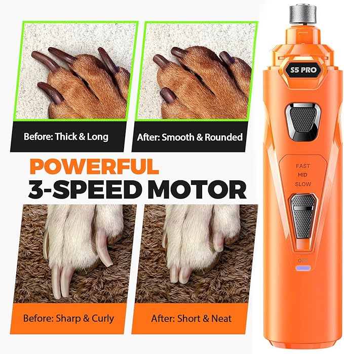 Whisper Quiet Dog Nail Grinder with 4 LED Lights, Safe & Stress-Free for Sensitive Dogs of All Breeds & Sizes, 3 Grinding Bits, 3-Speed, Pet Nail Trimmers, Rechargeable Painless Grooming Kit Orange