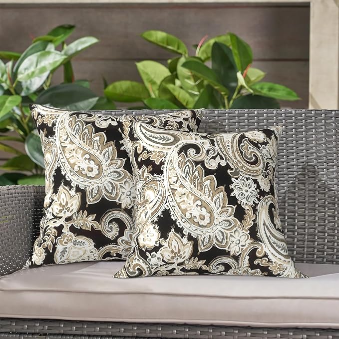 LVTXIII Outdoor Throw Pillows 16x16 Inch, Set of 2 Square Decorative Pillows with Inserts for Patio Furniture, Porch Chair, Garden Sofa, Paisley Black