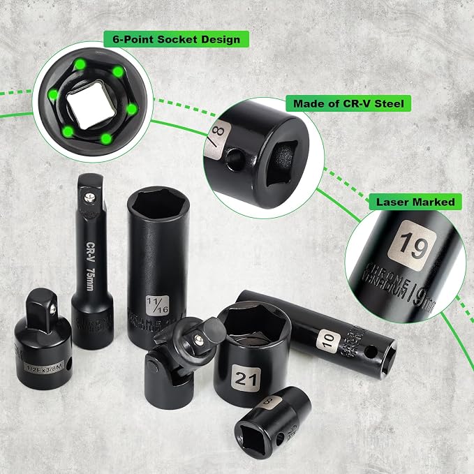 3/8" Impact Socket Set, 50PCS SAE 5/16-3/4" & Met 8-22mm | 6 Point, Extension Bars, Impact Universal Joint, Adapter, Cr-V Steel