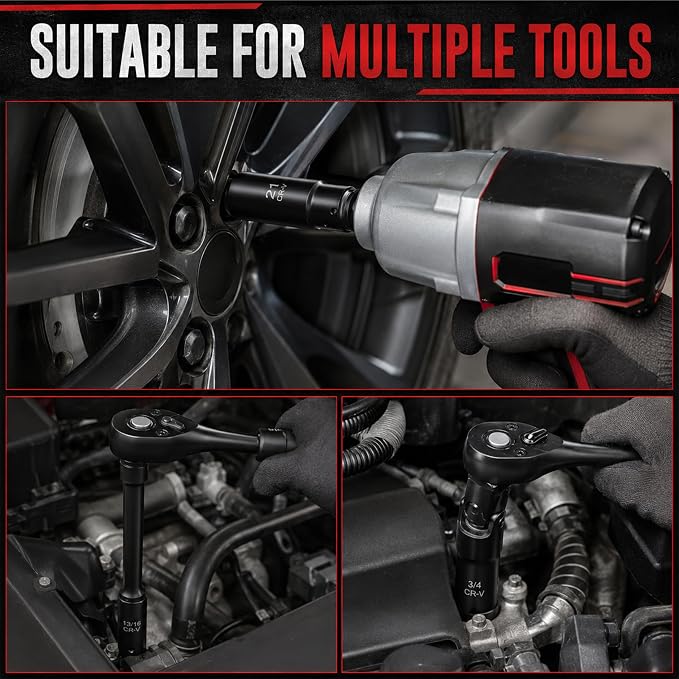 3/8” CR-V Steel Drive Impact Socket Set | 110-Piece Standard SAE(5/16 to 3/4-inch) Metric Size(8-22mm) with Ratchet Handle, Extension Bar, Universal Joint