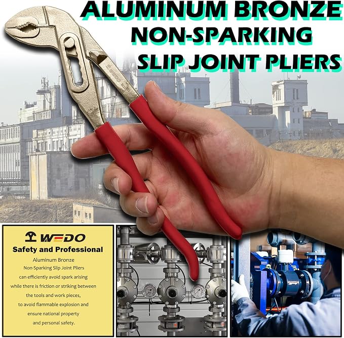 WEDO Non-Sparking Slip Joint Pliers with Rubber Grip Handle 10", Spark-free Safety Slip Joint Pliers, Aluminum Bronze, DIN Standard, BAM & FM Certificate, Size 10 * 32 * 250mm