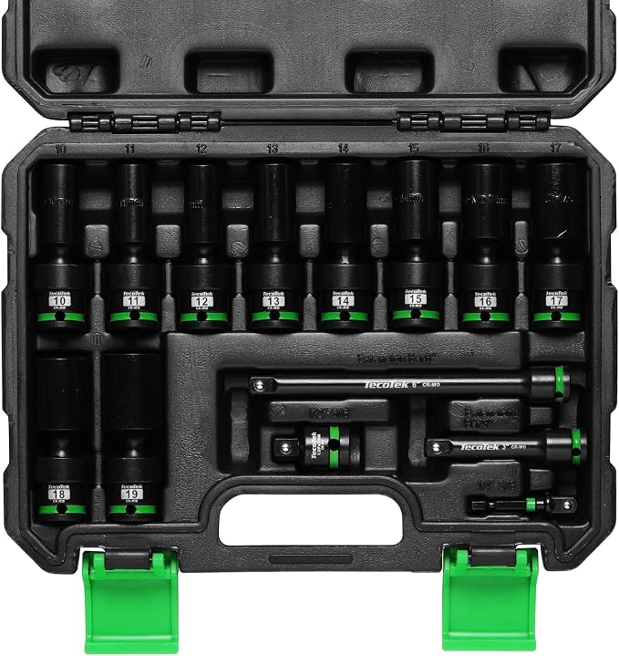 TecoTek 14 PCS 3/8" Drive Deep Universal Impact Socket Set, Swivel Socket Set, 10-19mm, Metric Socket Set with Flexible Wobble, Cr-Mo Steel, Includes Extension Bars and Adapter
