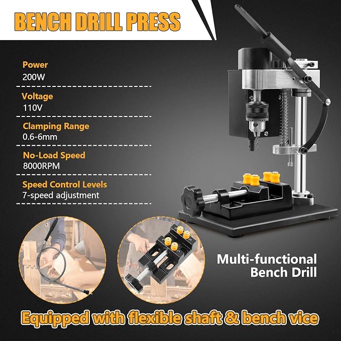 200W Portable Mini Drill Press, 8500RPM Benchtop Drill Press, 7-Speed Adjustable, Equipped with Flexible Shaft, Used for Grinding, Polishing, Cutting