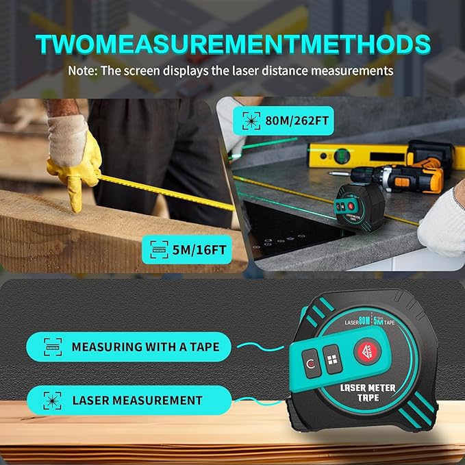 2-in-1 Laser Tape Measure 262ft Rechargeable Digital Tape Measure with Laser 16Ft Construction Measuring Tape for Woodworking and DIY, Pythagorean, Area, Volume, Ft/Ft+in/in/M Unit Magnetic Hook