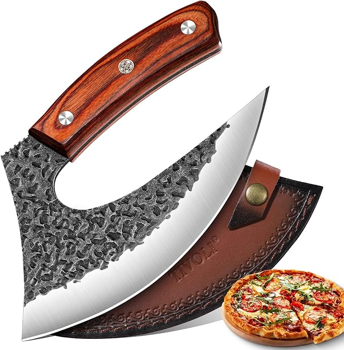 TIVOLI Ulu Knife with Sheath – Full Tang Rosewood Handle, Gift-Ready Box, Viking-Style Cleaver & Pizza Cutter for Meat, Herbs, and Outdoor Cooking –A Christmas Gift for Men and Women