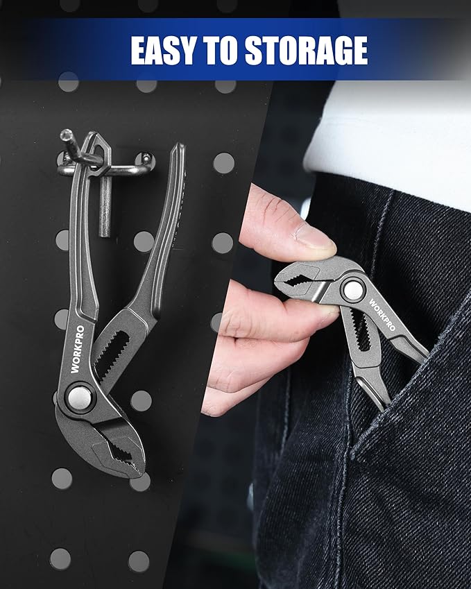 WORKPRO Mini Water Pump Pliers, 4-Inch Groove Joint Pliers, Fast Adjustable Tongue and Groove Plier with 15-Position Push-Lock, V-Jaw for Multi-Surface Grip, EDC Plier for Tight Spaces & Versatile Use