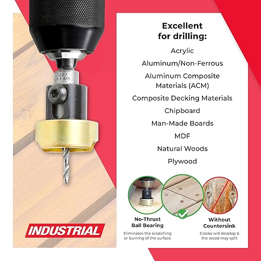 Amana Tool 55227 Carbide Tipped 82 Degree Countersink Set with Adjustable Drill Bit Depth Stop and No-Thrust Ball Bearing 3/8 Dia x 1/8 Drill Dia x 1/4 Inch Quick Release Hex Shank