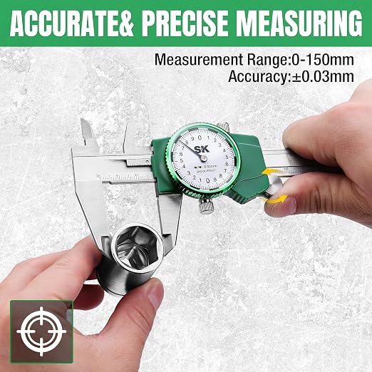 SK Metric Dial Caliper, 150mm Caliper Measuring Tool with Shock-Proof Design, 4 Measurement Methods Stainless Steel Calipers, ±0.03mm Accuracy