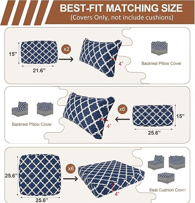 14 Piece Outdoor Patio Cushion Covers Replacement, Waterproof Outdoor Furniture Cushion Covers, Fit 7 Pcs 6 Seater Wicker Rattan Conversation Sofa Set,Geometry(Only Cover) 25.6x25.6