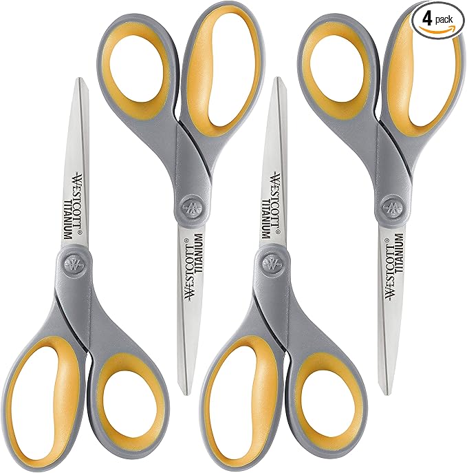 Westcott 8-Inch Titanium Bonded Scissors for Home, Office, and Classroom - Perfect for Cutting Paper, Sewing, and Crafts - Heavy-Duty Design with Soft Handle - Gray/Yellow - 4-Pack