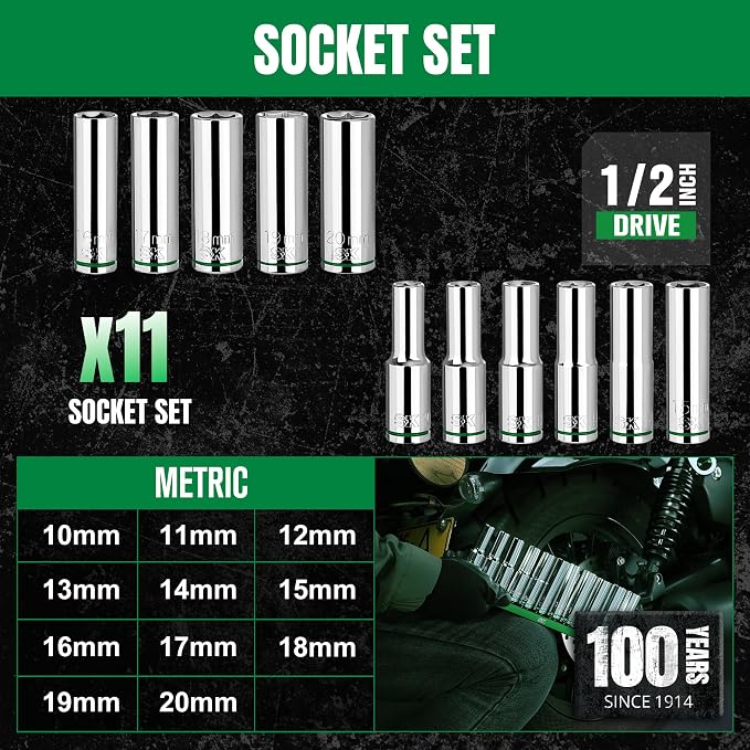 SK 1/2" Drive Socket Set, Deep Metric Sockets, 11-Piece 10-20mm | SuperKrome Finish, Premium CR-V Steel, with Aluminum Socket Organizer