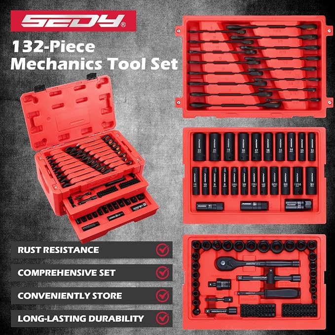 Premium 132-Piece Mechanics Tool Set, SAE/Metric 1/4" & 3/8" Drive Socket Set, Ratcheting Wrenches, Extensions & Adapters, Quick-Release Ratchet, Professional Auto Repair Tool Kit with Storage Case