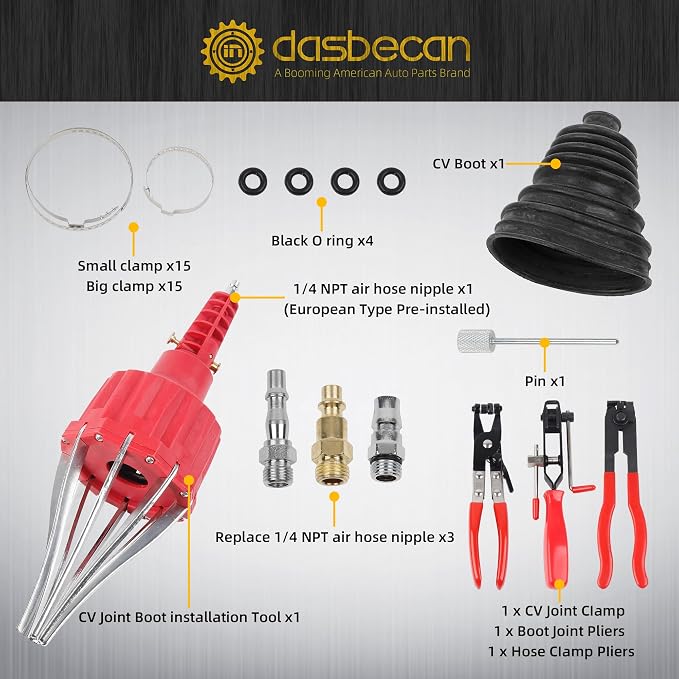 Dasbecan Upgraded Pneumatic CV Boot Expander Tool, CV Boot Clamp Tool Kit | Universal CV Axle Boot Spreader with 3 CV Joint Boot Clamp Pliers , 1 Boot, 15 Clamps and 4 1/4" NPT Air Hose Nipple