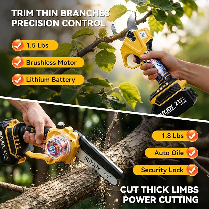 BUYJOY 2-in-1 Mini Chainsaw & Electric Pruning Shears, 1.8" Cutting Capacity, 6 Inch Cordless Chainsaw with 2 x 4.0Ah Batteries, Battery Powered Branch Cutter for Tree Trimming and Garden Pruning