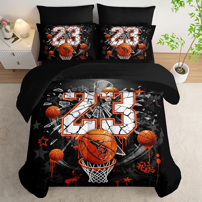 Basketball Print Comforter Set for Kids Boys,Ball Sports Games Themed All Season Bedding Twin Size,Orange Basketball and Hoop Home Decor with Comforter,Fitted Sheet,Flat Sheet,Pillowcases.