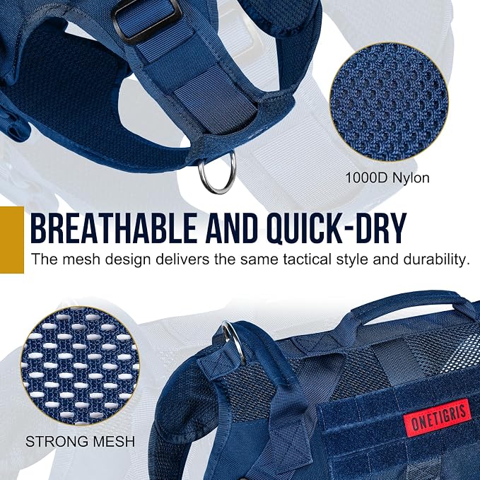 OneTigris Tactical Dog Harness for Small Medium Large Dogs, Mesh Design Service Dog Vest Breathable Military Dogs Molle Vests with Handles, Harness for Walking Hiking Training (Blue, S)