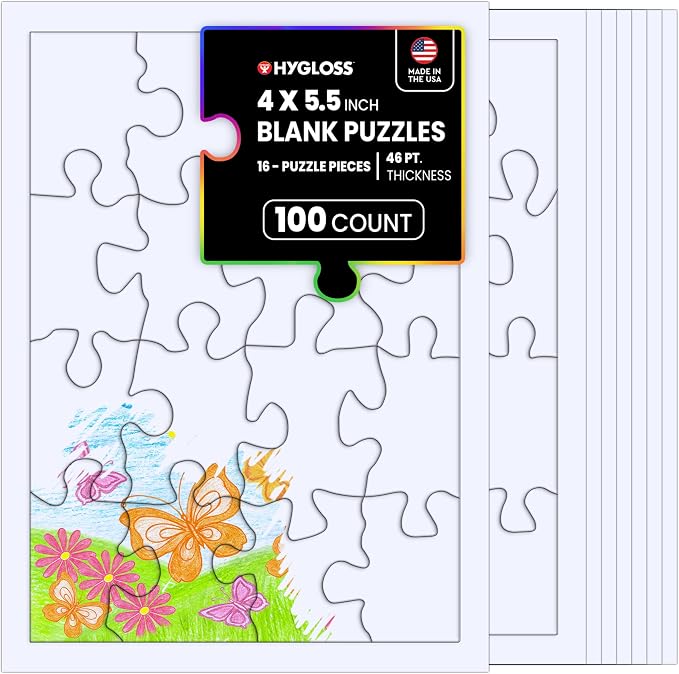 Hygloss 100 Blank Jigsaw Puzzles – 4 x 5.5 Inch, 16 Pieces Each – DYI party invites, Perfect for Decorating, Kids' Activities, Arts & Crafts or Party Favors - Puzzle Pieces to Draw On for Crafts