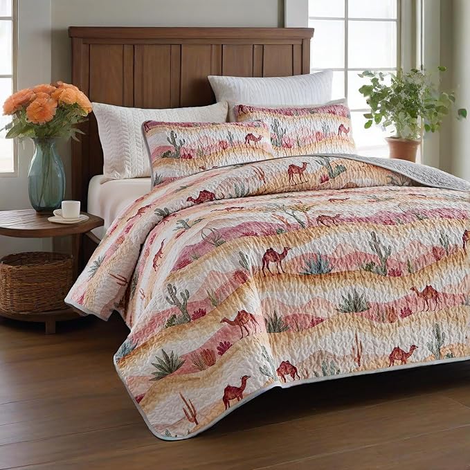 Quilts for King Bedding Set Orange Bedspreads - Soft Lightweight Breathable Bedspread Comforter - Boho Desert Cactus Camel Coverlet for All Season - 3 Pieces (New-Camel Cactus, King)