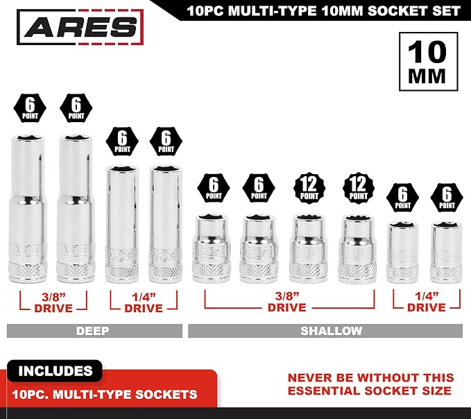 ARES 39020 10-Piece Multi-Type 10mm Socket Set | Premium Chrome Vanadium Socket Set Includes Shallow and Deep Metric Sockets