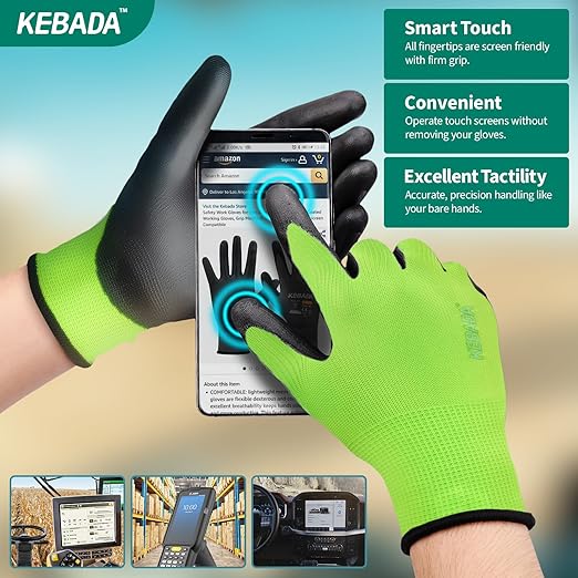 Kebada W1 Work Gloves for Men and Women, PU Coated Safety Gloves with Grip, Touchscreen, Ideal for Warehouse Package Handling, Construction, Gardening, Green XXL