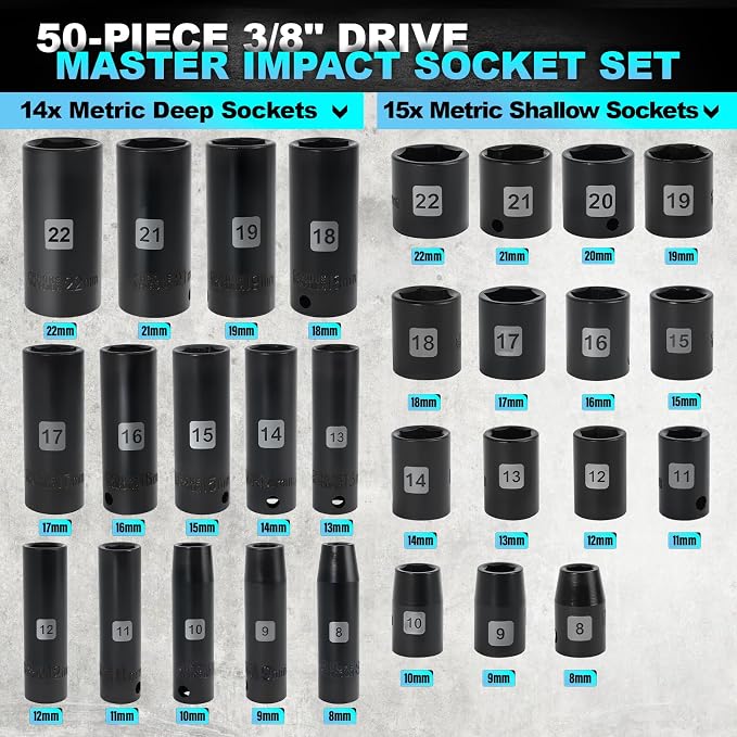 Impact Socket Set, 3/8 Socket Sets 50 Piece SAE and Metric Set, Cr-MO | Steel Standard SAE (5/16 to 3/4 inch) and Metric (8-22mm) 6 Point, 3 8 , Extension Bars, Impact Universal Joint, Adapter