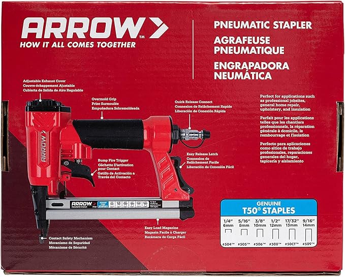 Arrow PT50 Oil-Free Pneumatic Staple Gun, Professional Heavy-Duty Stapler for Wood, Upholstery, Carpet, Wire Fencing, Fits 1/4”, 5/16”, 3/8", 1/2", 9/16” Staples , Red