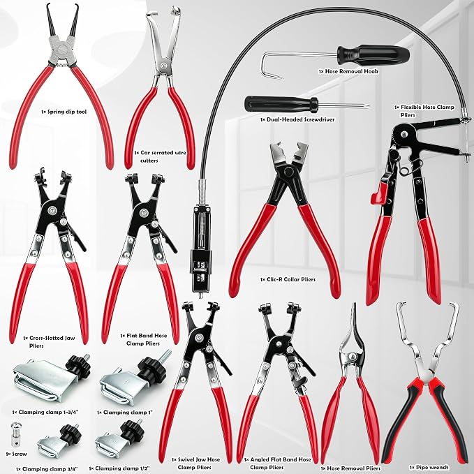 17 PCS Hose Clamp Pliers Set with Flexible Long Reach Cable, Professional Radiator & Fuel Line Removal Kit. (17 PCS)