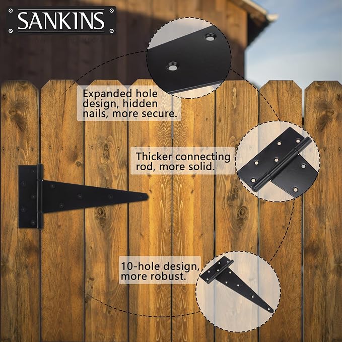 12 Inch T-Strap Shed Door Hinges Heavy Duty, Black Tee Hinge for Wooden Fences, Yard Door, Barn Door Gates, Wrought Hardware Rustproof, 4PCS