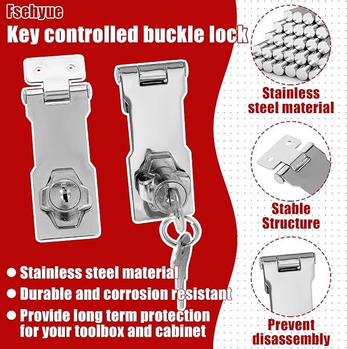 Keyed Hasp Locks Twist Knob Keyed Locking Hasp Stainless Steel Chrome Plated Hasp Lock Catch Latch Safety Lock Suitable for Small Doors Cabinets Silver