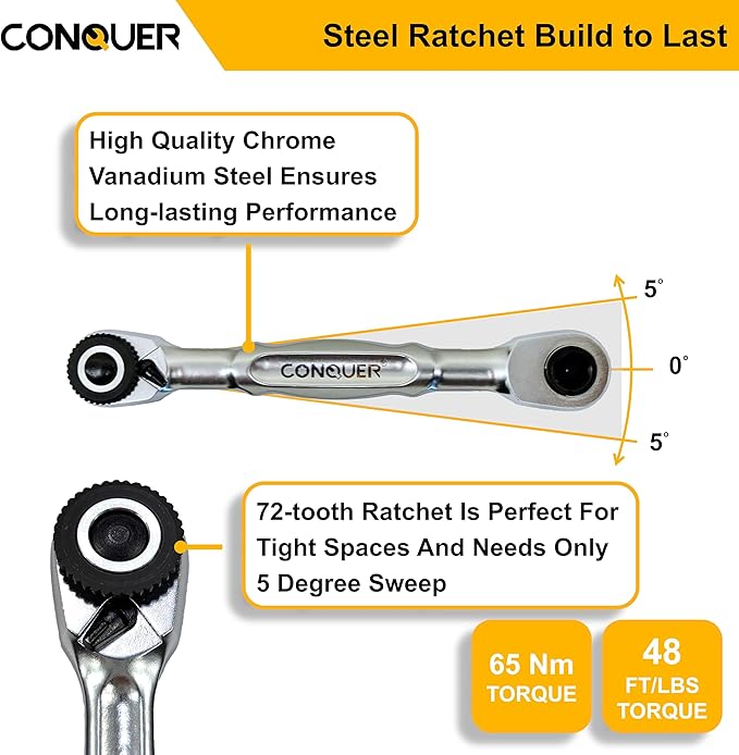 CONQUER 1/4" Mini Ratchet Wrench Low Profile Dual Head | Socket/Bit Driver, 72-Tooth, 5° Swing Arc, Ultra-Low Back Drag, Quick-Release Button; For Tight Engine Bays & EDC Kits