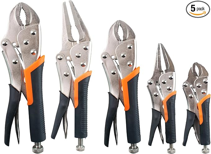 5-Piece Locking Pliers Set, 5", 7" & 10" Curved Jaw Adjustable Vise Grip Pliers and 7" & 9" Long Nose Welding Clamps for DIY Projects,Mechanic and Woodworking