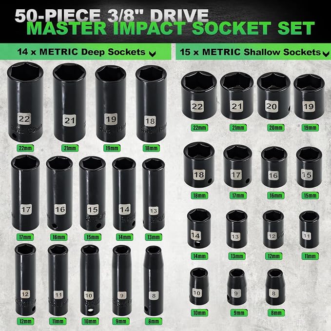 3/8" Impact Socket Set, 50PCS SAE 5/16-3/4" & Met 8-22mm | 6 Point, Extension Bars, Impact Universal Joint, Adapter, Cr-V Steel