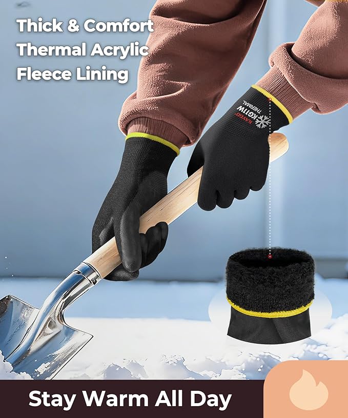 KAYGO 12 Pairs Winter Work Gloves for Men and Women, Thermal Insulated Safety Work Gloves PU Coated, Super Grip,Ideal for Freezer Work,Black,XL