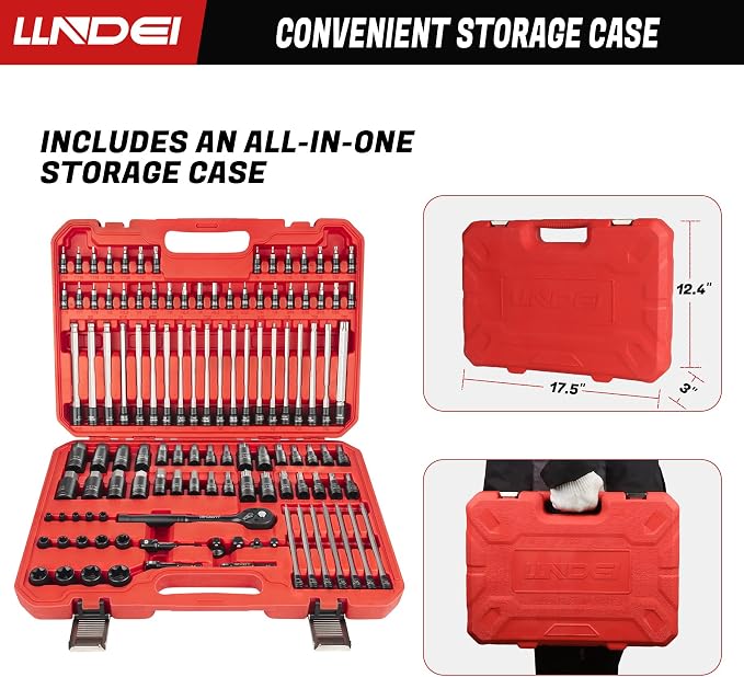 LLNDEI 115Pc Torx & Allen Bit Socket Set 1/4 3/8 1/2" Drive | Extra Long & Tamper Proof Torx, Hex & Ball Hex, S2 Steel, SAE/Metric, Ratchet & Adapters, for Auto, Machinery & Industrial