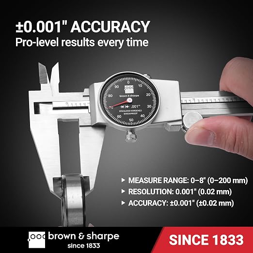 TESA Brown & Sharpe 599-579-8-5-1 Stainless Steel Dial Caliper, Black Face, 0"-8" Range, +/-0.001" Accuracy, 0.001" Resolution, Meets DIN 862 Specifications