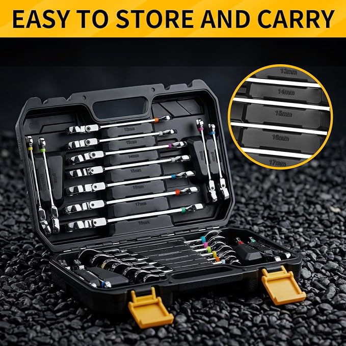 GRENPRO 23PC Flex Head Ratcheting Wrench Set Metric&SAE Combination OpenEnd | 1/4"-3/4"&6-18MM Bolt Gauge, CR-V Steel 72-Tooth 180-Degree Flex-Head 12Pt, Color Rings, Storage Box For Auto & Home Repair