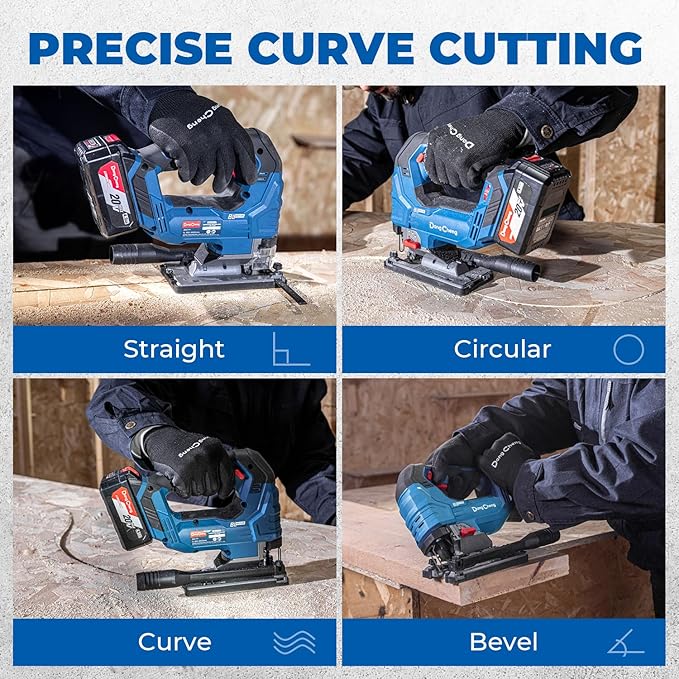 DongCheng 20V Brushless Jigsaw, 800-3500 SPM, 26mm Stroke, 0-45° Bevel | 4Ah Battery & Fast Charger | 6 Blades Kit, Guide Rail, Tool Bag Included for Wood, Metal Cutting