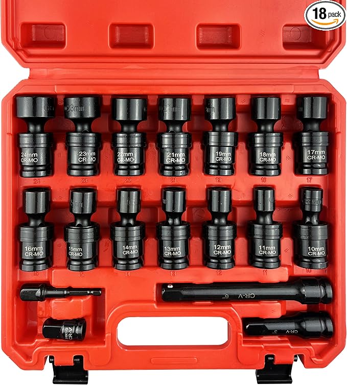 18PCS 1/2" Drive Shallow Universal Impact Socket Set,Swivel Socket Set,Metric Flexible Wobble Sockets, CR-MO,10-24mm, 3", 6" Extension Bar, Adapter,6 Point