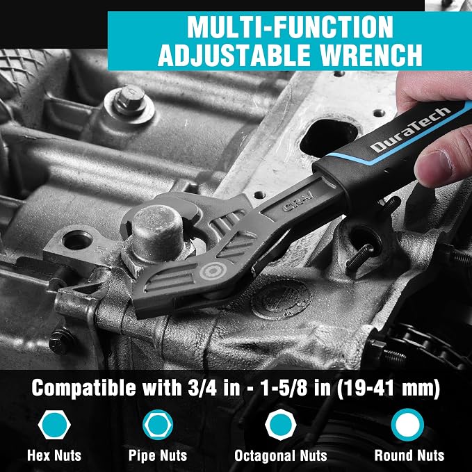 DURATECH 12-Inch Self-Adjusting Wrench, Self-Locking Pipe Wrench | Adjustable Size 3/4"-1-5/8"(19-41mm), Cr-V Steel, Non-Slip TPR Handle, For Home Repair, Mechanic and DIY Projects