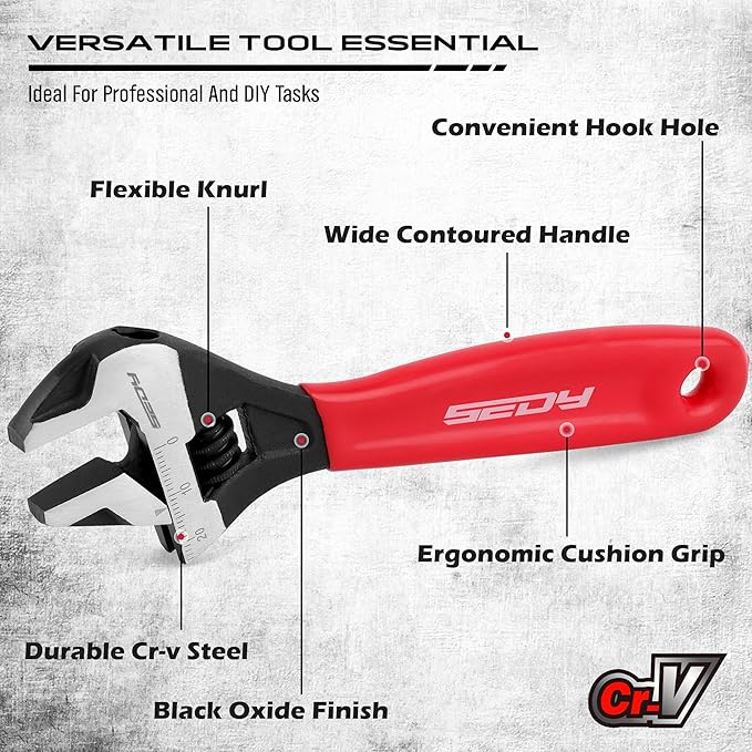 SEDY 6" Adjustable Wrench Pipe Spanner: Wide Jaw Black Oxide Wrench With Cushion Grip, Laser Marked Metric & SAE Scales, CR-V Steel, for Professionals