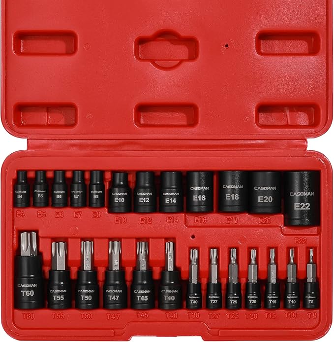 CASOMAN 25 Piece Torx Bit Socket and External Socket Set, 13 Star Socket Bits (T8- T60)& 12 Female E-Torx Sockets (E4-E22)