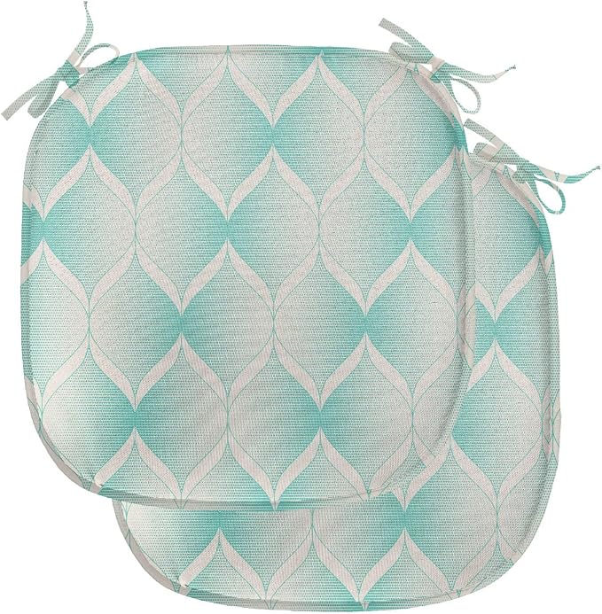 Lunarable Aquamarine Chair Seating Cushion Set of 2, Retro Nostalgic Pattern with Geometry Inspired Motif and Dotted Lines, Anti-Slip Seat Padding for Kitchen & Patio, 16"x16", Turquoise Eggshell