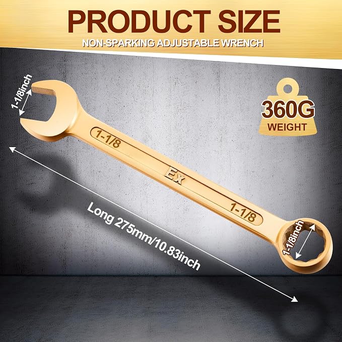Hicarer 1-1/8" Non-sparking Combination Wrench Non-magnetic Wrench 275 mm Length Aluminum Bronze Combination Spanner for Flammable and Explosive Environment Technician Electrician Die-forged